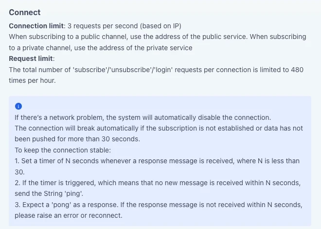 The Connect section of the OKX API docs: a connection limit of 3 requests per second (based on IP), a request limit of 480 subscribe, unsubscribe and login requests per connection per hour, and a blue note box with the 30-second disconnect rule and the three steps to keep the connection stable