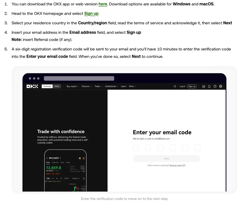 OKX Help Center steps for signing up on the desktop: download the app or web version, select Sign up on the homepage, choose a residence country and accept the terms, enter an email, then enter a six-digit email code within 10 minutes, above a screenshot of the web page with six empty boxes under Enter your email code