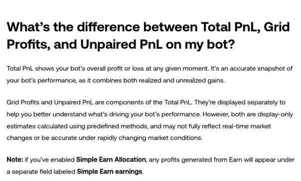 OKX help article on Spot Grid PnL, the section explaining the difference between Total PnL, Grid Profits and Unpaired PnL on a bot