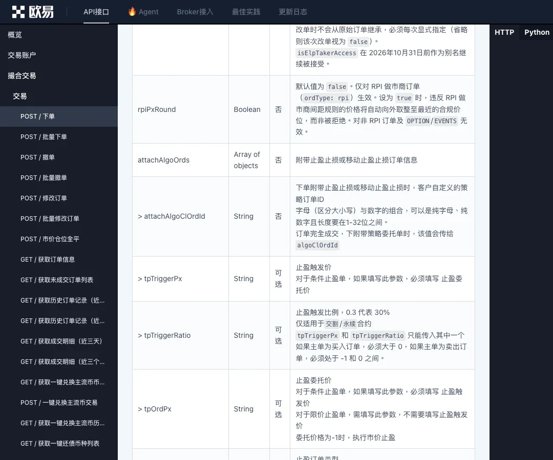 欧易 API v5 文档下单接口的请求参数表,列出 attachAlgoOrds、attachAlgoClOrdId、tpTriggerPx、tpTriggerRatio、tpOrdPx 几行的类型、是否必填和说明